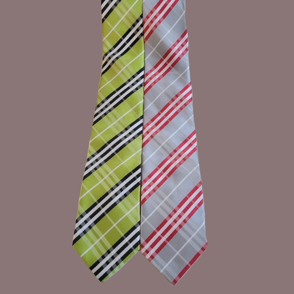 Two Unbranded Silk Neckties One is Green and Black One is Silver and Red Ties